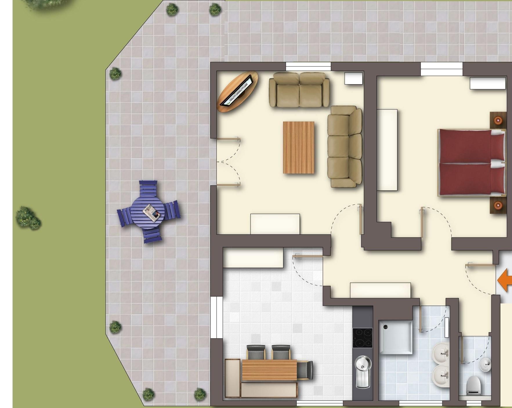 A floor plan of a hotel room with a living area, a dining area, a kitchen, and a bathroom.