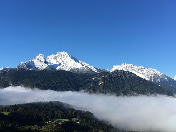 Una cordillera con picos nevados y un valle con zonas boscosas.