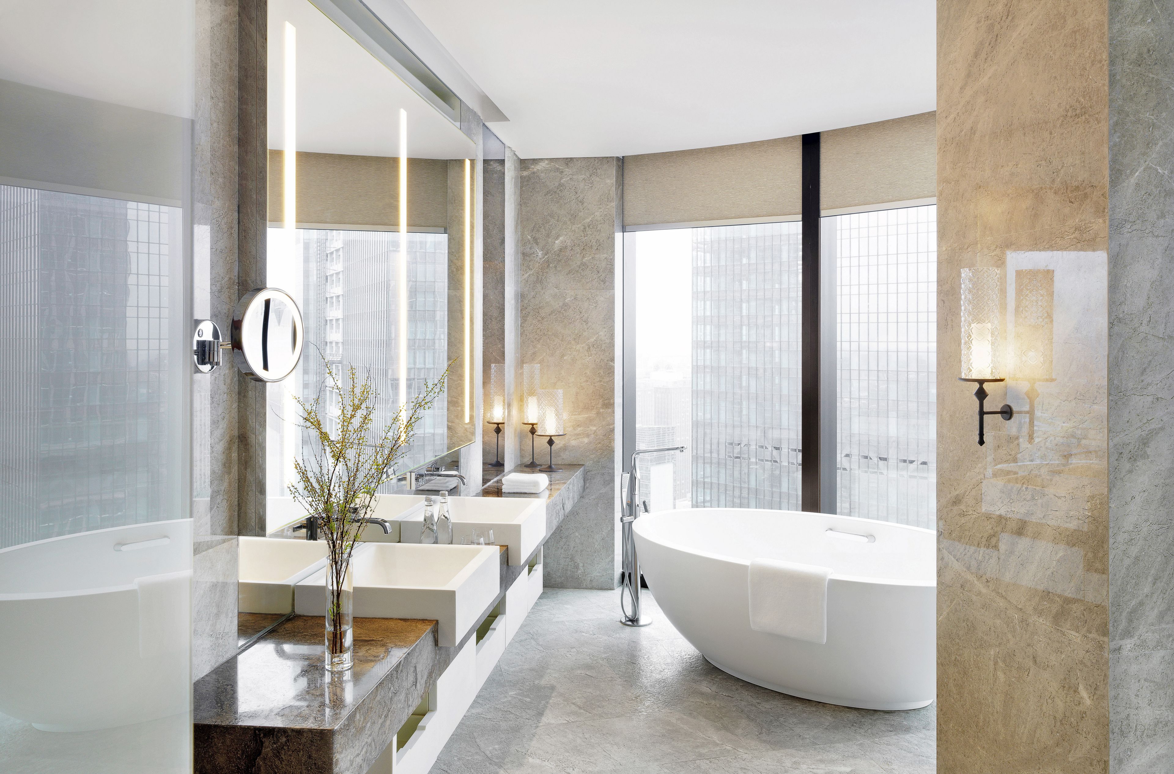 rainfall showerhead, designer toiletries, hair dryer, bathrobes