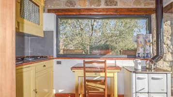 Fridge, stovetop, dishwasher, coffee/tea maker