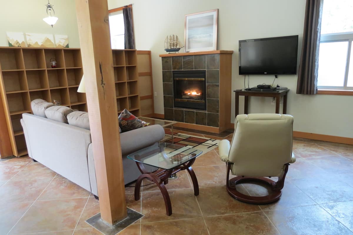Uma sala de estar com sofá, mesa de centro de vidro, lareira, televisão e estante de livros.