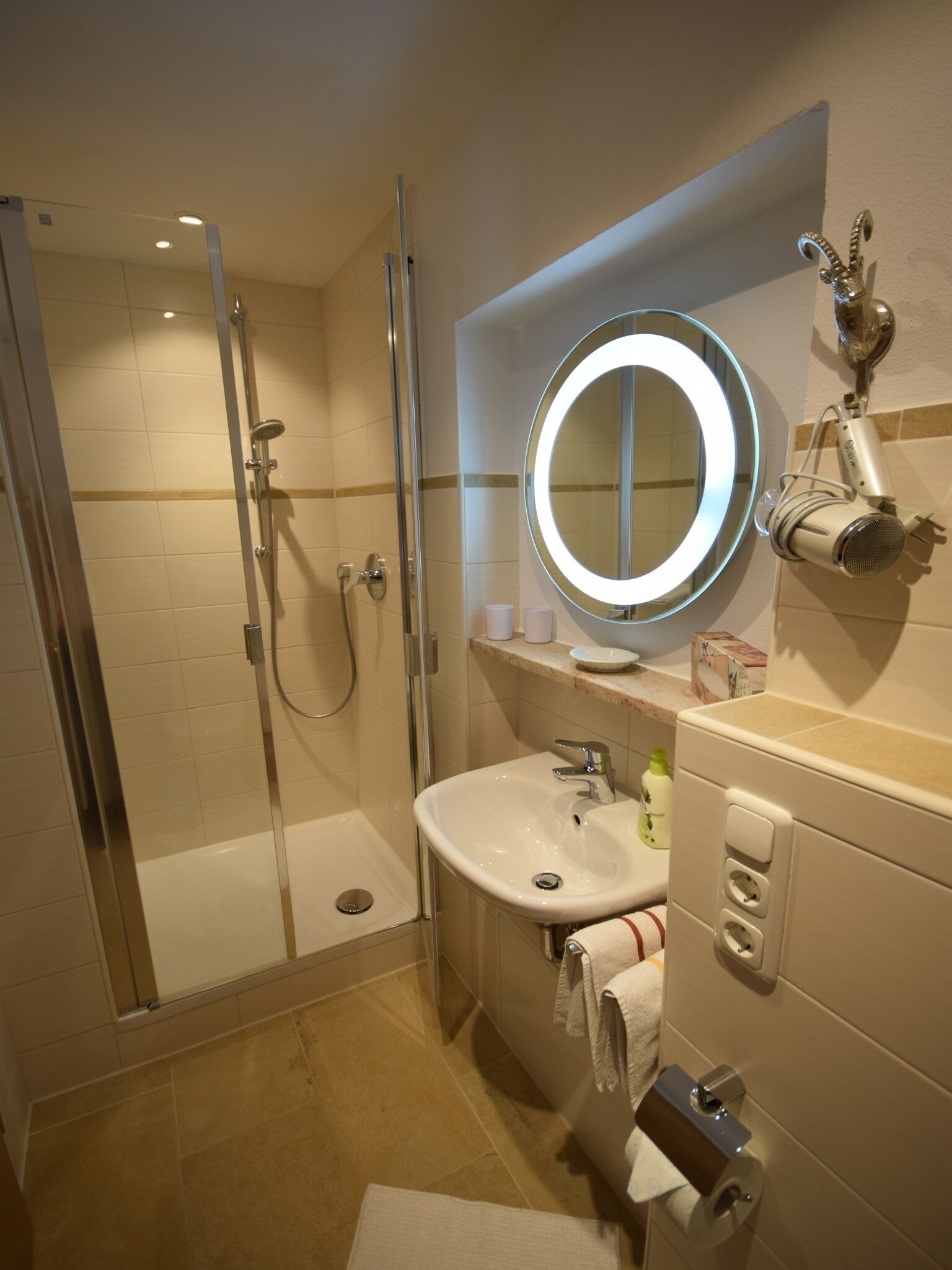 Shower, hair dryer, towels
