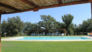 Una piscina con una pérgola de madera encima, rodeada de césped verde y árboles.