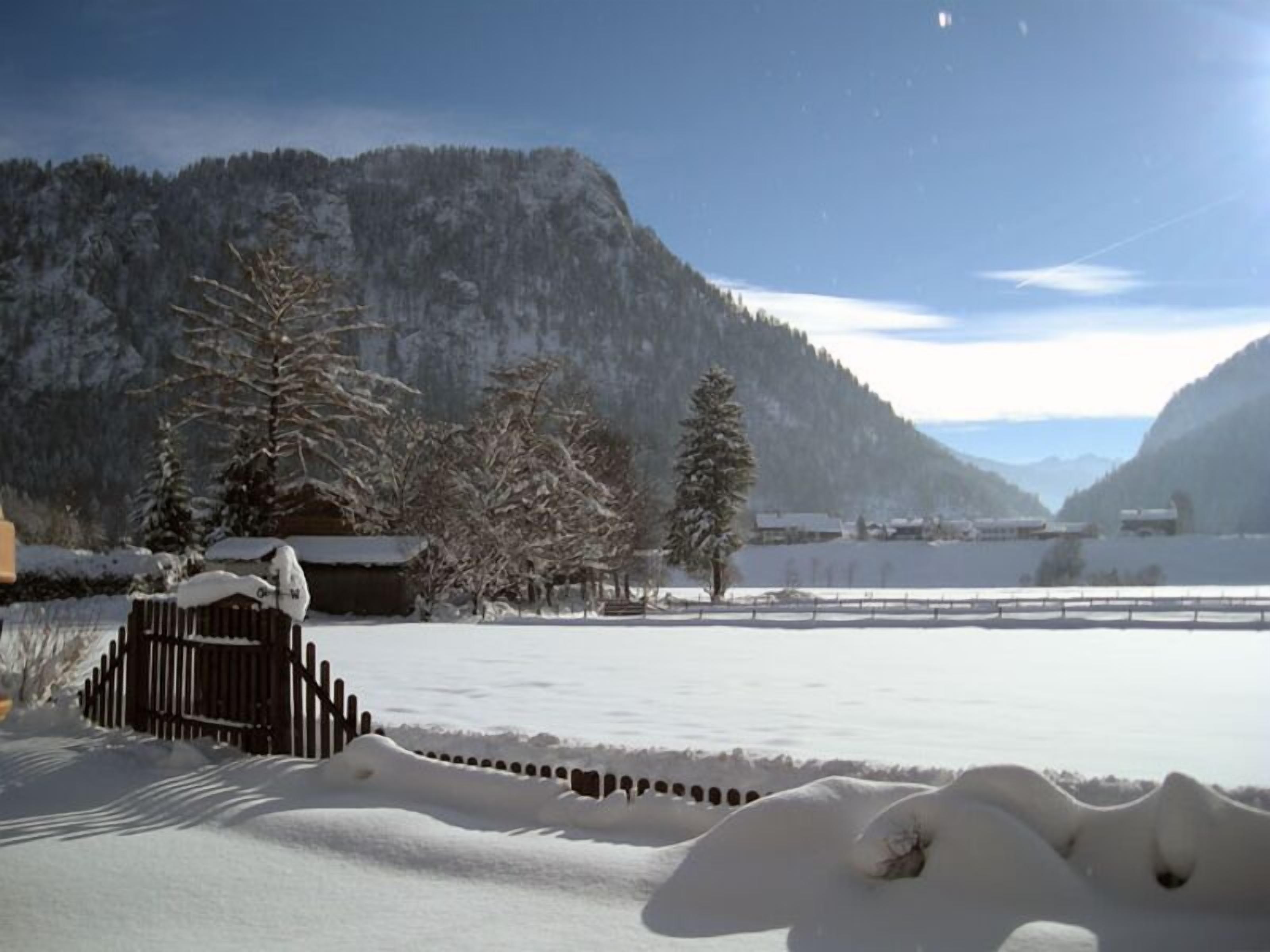 A snow-covered landscape with a wooden fence, trees, and a mountain in the background.