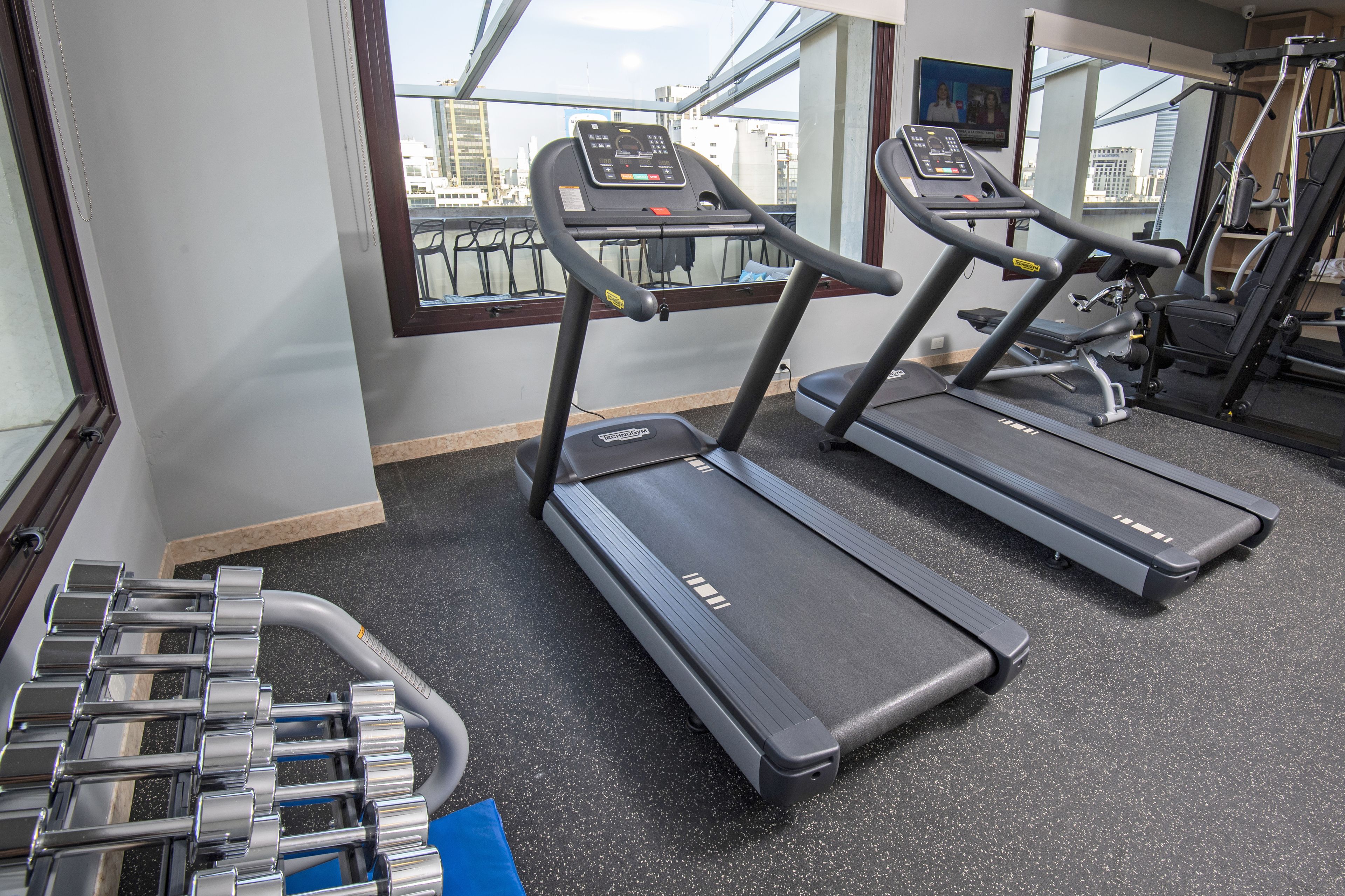 A gym with treadmills, weight machines, and a large window offering a city view.