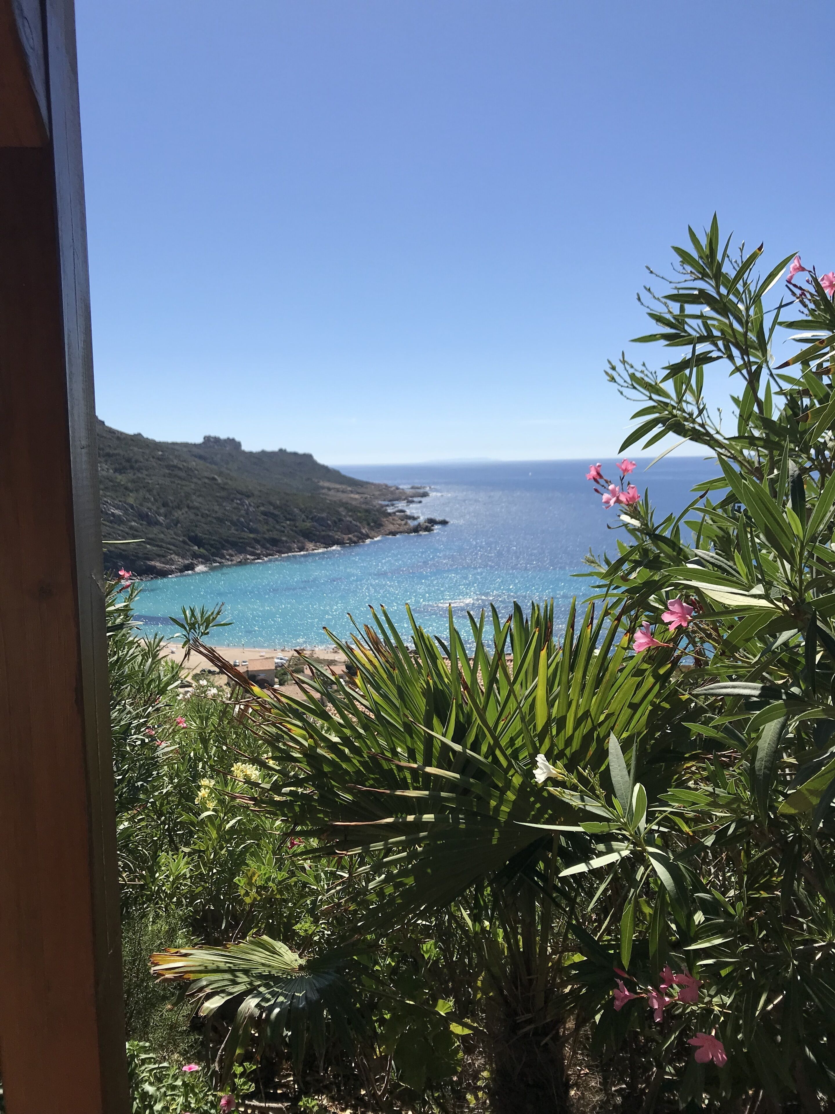 A coastal view with a clear sky, a beach, and lush greenery.