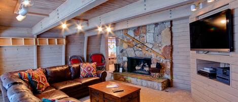 Een televisie, een open haard, een dvd-speler en een muziekbibliotheek