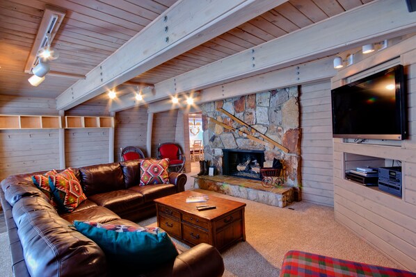 TV, fireplace, DVD player, music library