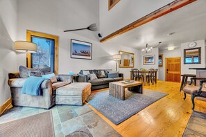 Flat-screen TV, fireplace, DVD player, music library