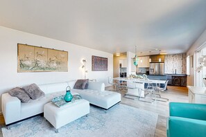 TV, fireplace, books