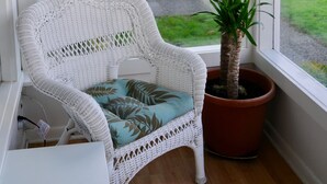 En vit flätstol med en kudde, en hög krukväxt och en utsikt över en bostadsgata genom ett fönster.