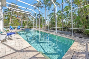 A pool area with clear blue water, surrounded by palm trees and a glass enclosure.