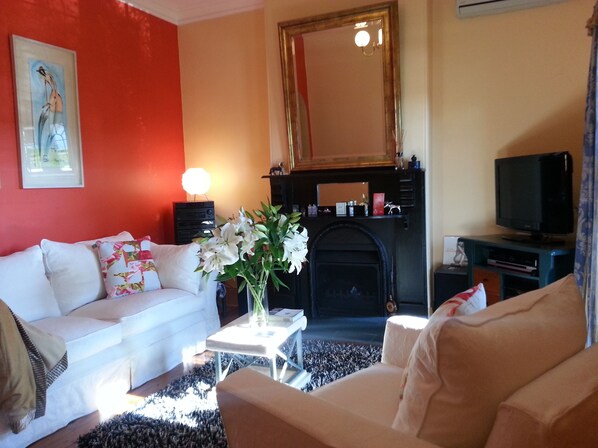 TV, fireplace, DVD player, books