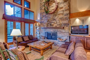 TV, fireplace, DVD player, music library