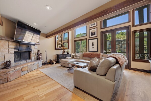 Smart TV, fireplace, video games, DVD player