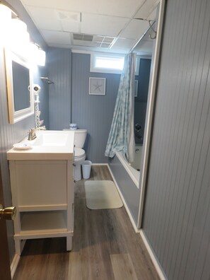 Combined shower/bathtub, jetted bath, hair dryer, towels