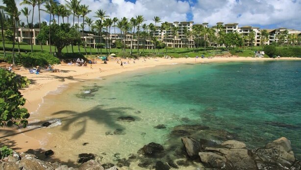 A beach resort with clear turquoise waters, palm trees, and a hotel complex in the background.
