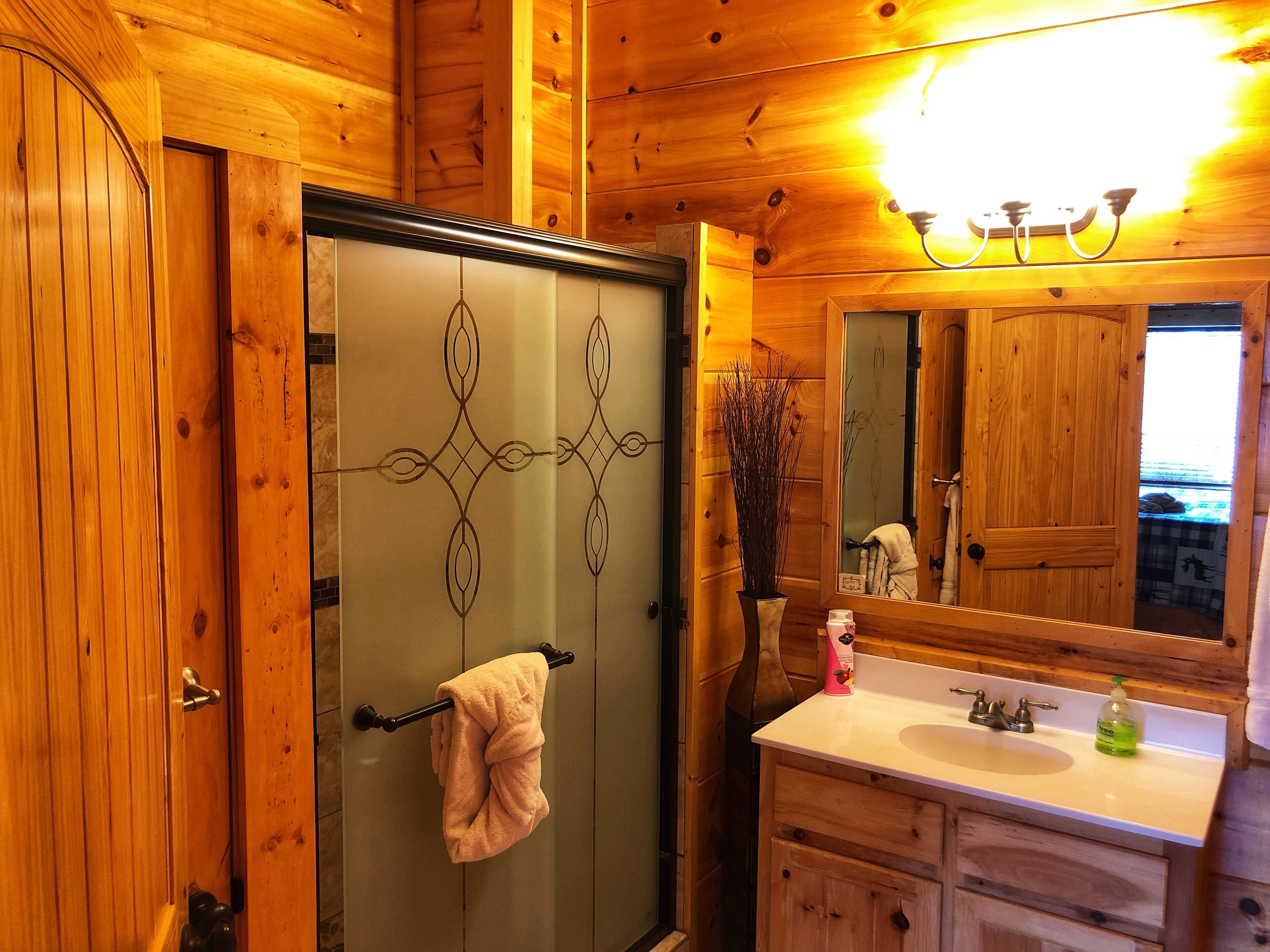A wooden cabin bathroom with a glass shower door, a sink, and a mirror.