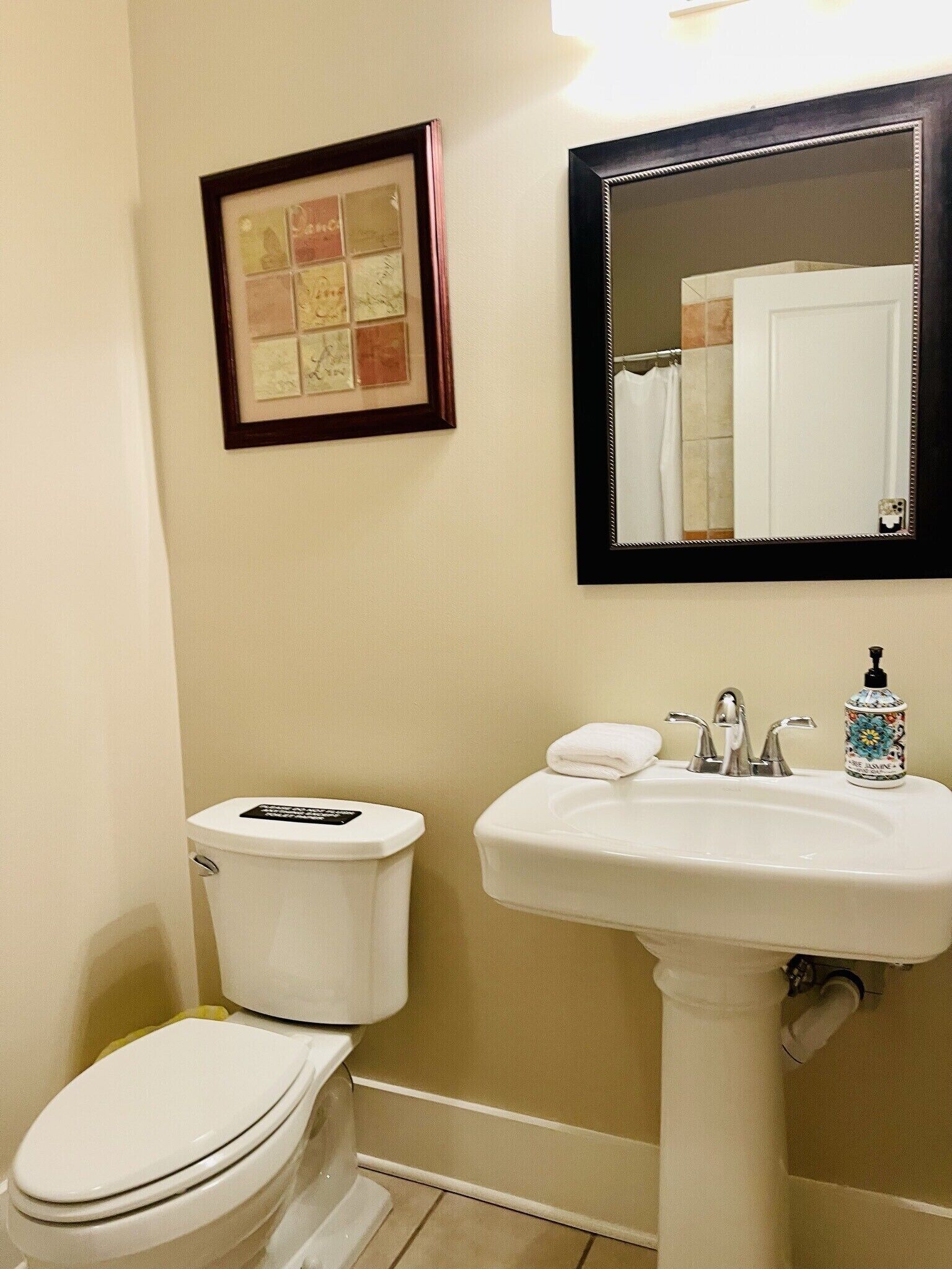 A bathroom with a toilet, sink, and framed artwork on the wall.