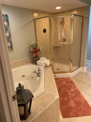 Shower, hair dryer, towels, soap