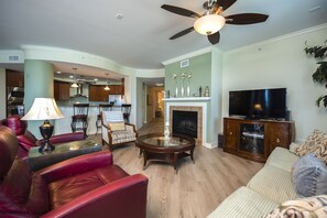 Smart TV, fireplace, DVD player, stereo