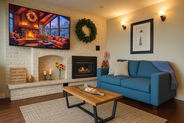 Ein gemütliches Wohnzimmer mit Kamin, einem blauen Sofa und einem Couchtisch.