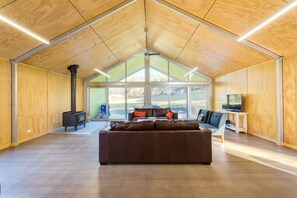 TV, caminetto, lettore DVD, libri