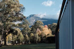 Vista de un paisaje montañoso con árboles y un edificio parcialmente visible al frente.
