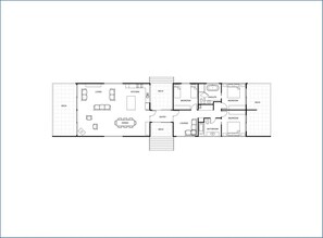 A floor plan of a hotel with a living area, kitchen, dining room, two bedrooms, a bathroom, a lounge, and a deck. - Nine Steps - private estate on 29 acres with stunning views of Mount Buffalo (Porepunkah)