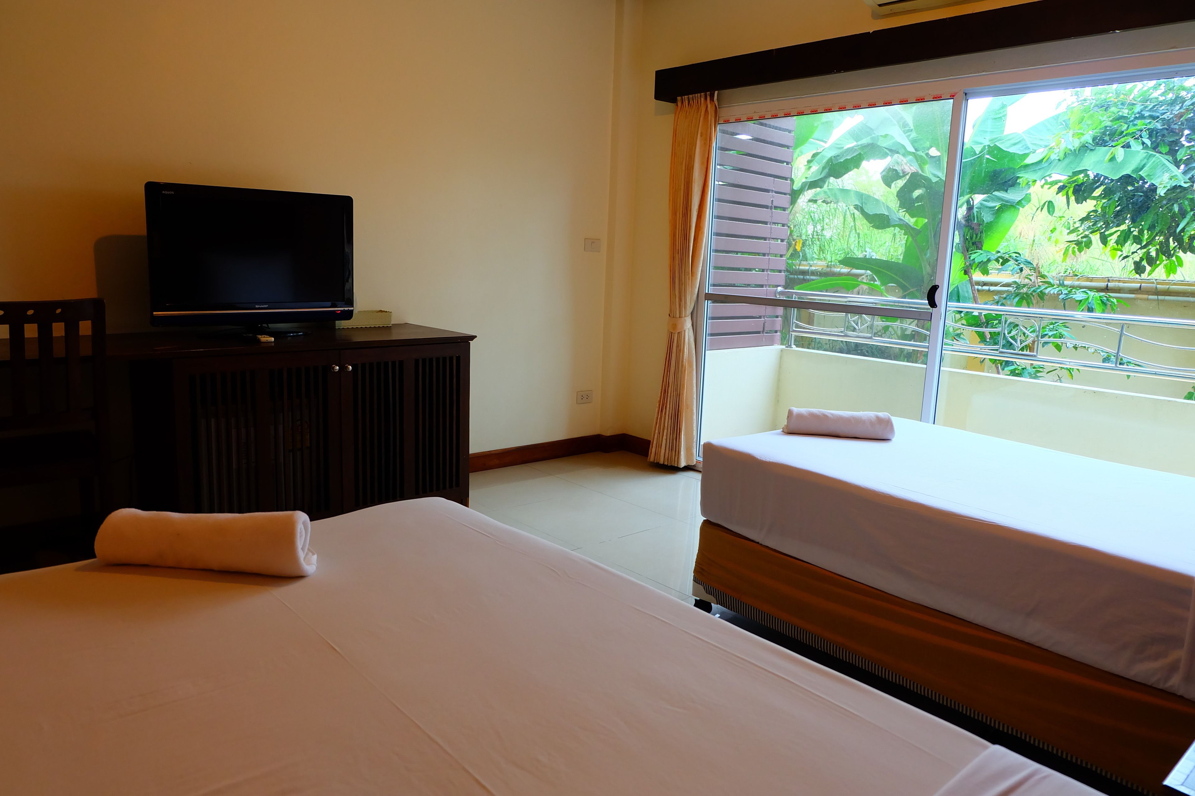 Habitación de hotel con cama, televisor sobre un mueble de madera y ventana con vistas a zonas verdes.
