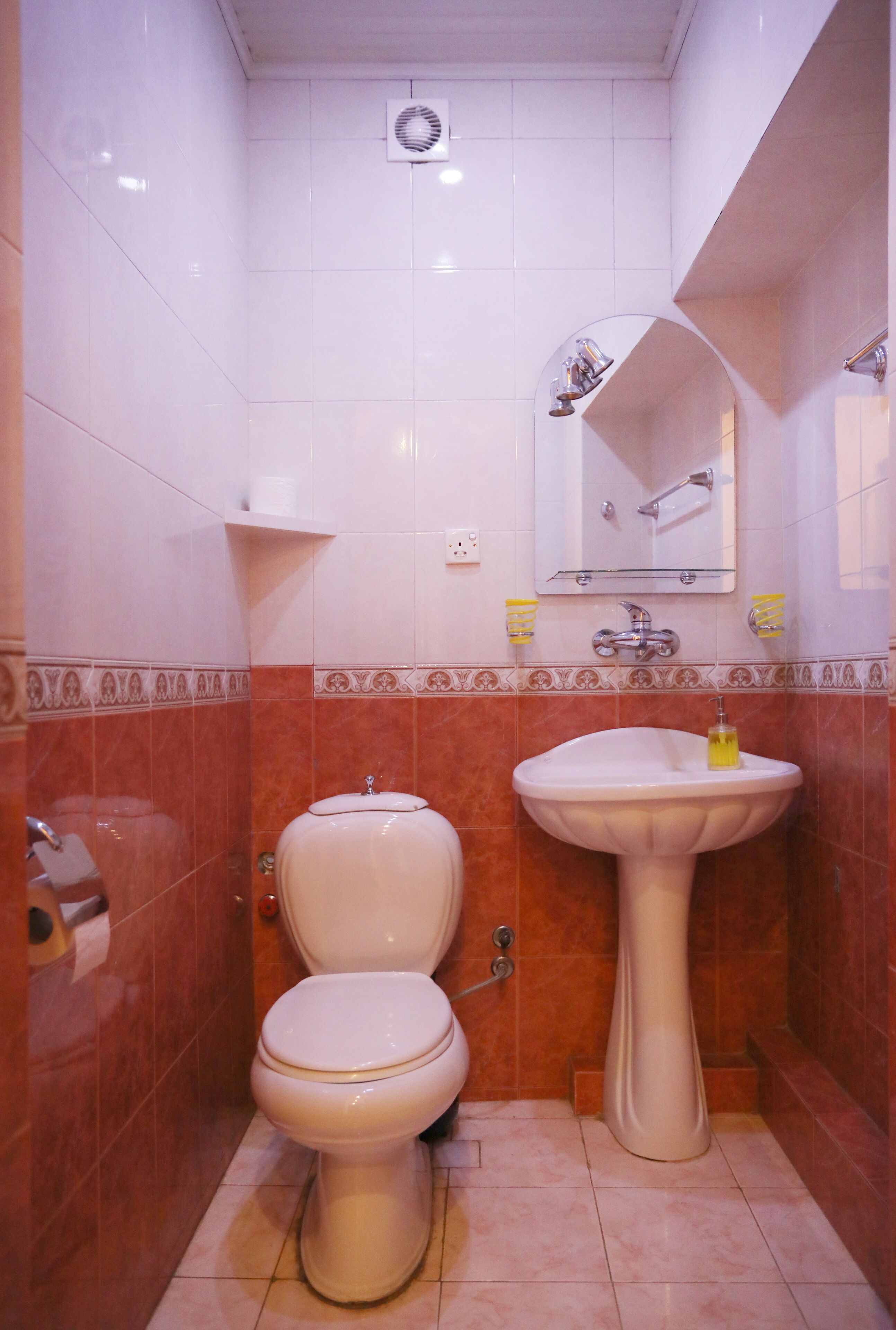 Un baño con inodoro, lavabo, espejo y paredes con azulejos.