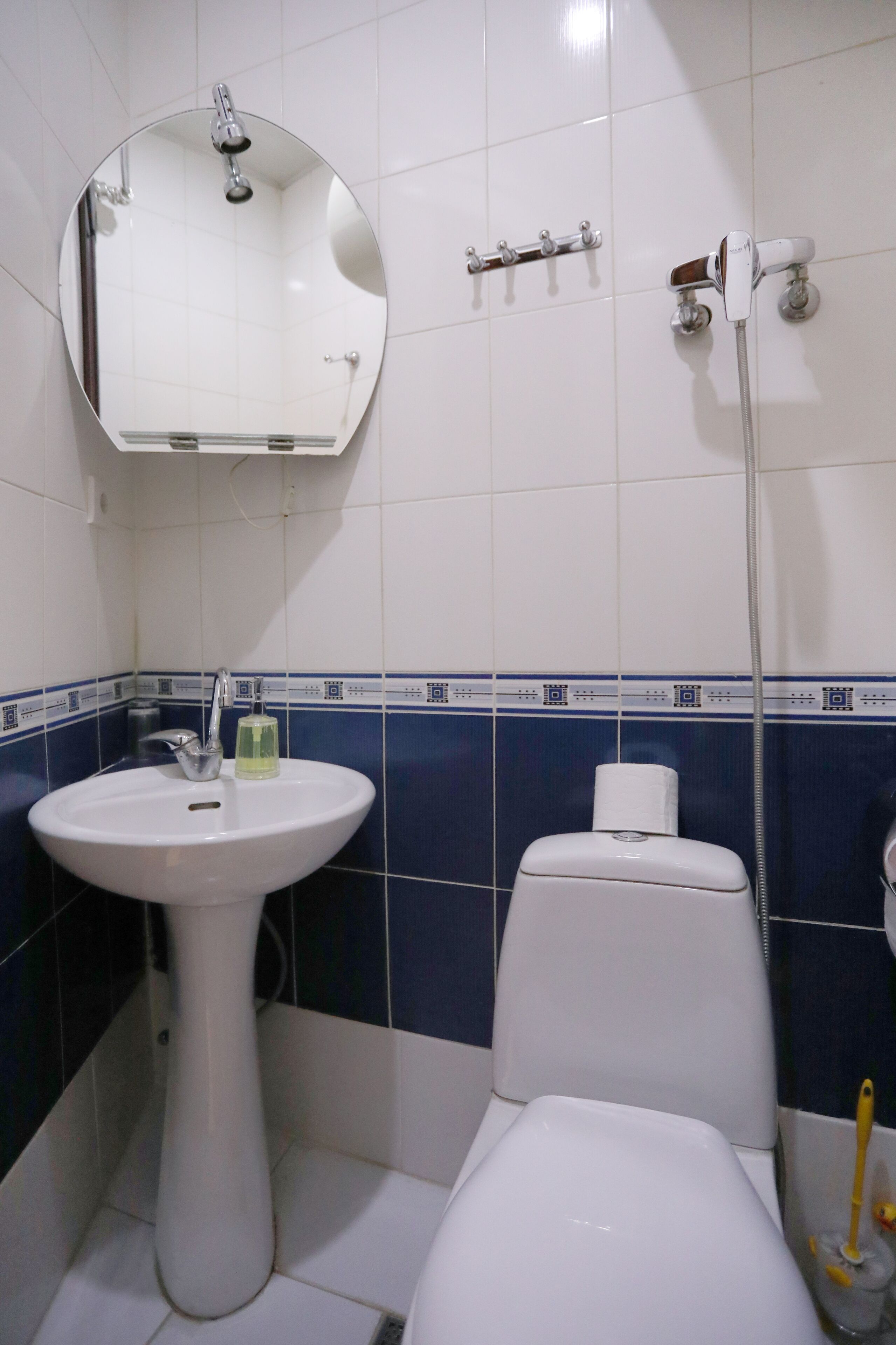 A bathroom with a white sink, a toilet, a mirror, and a shower.