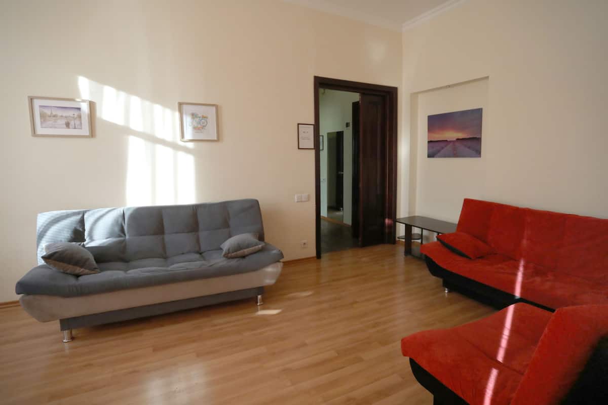 A living room with a grey sofa and a red sofa, wooden flooring, and framed pictures on the walls.