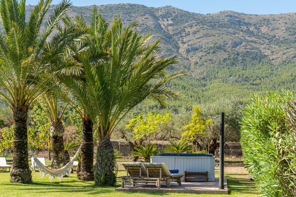 A garden with palm trees, a hammock, and a hot tub.