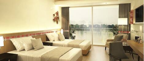 A hotel room with two beds, a desk, a chair, a TV, and a large window with a view.