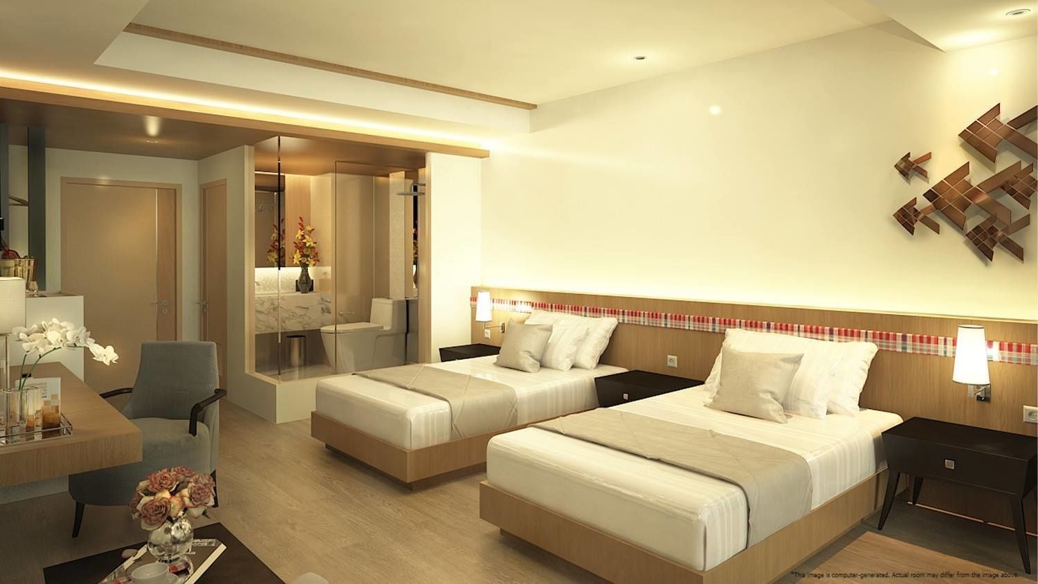A hotel room with two beds, a desk, a chair, and a mirror.