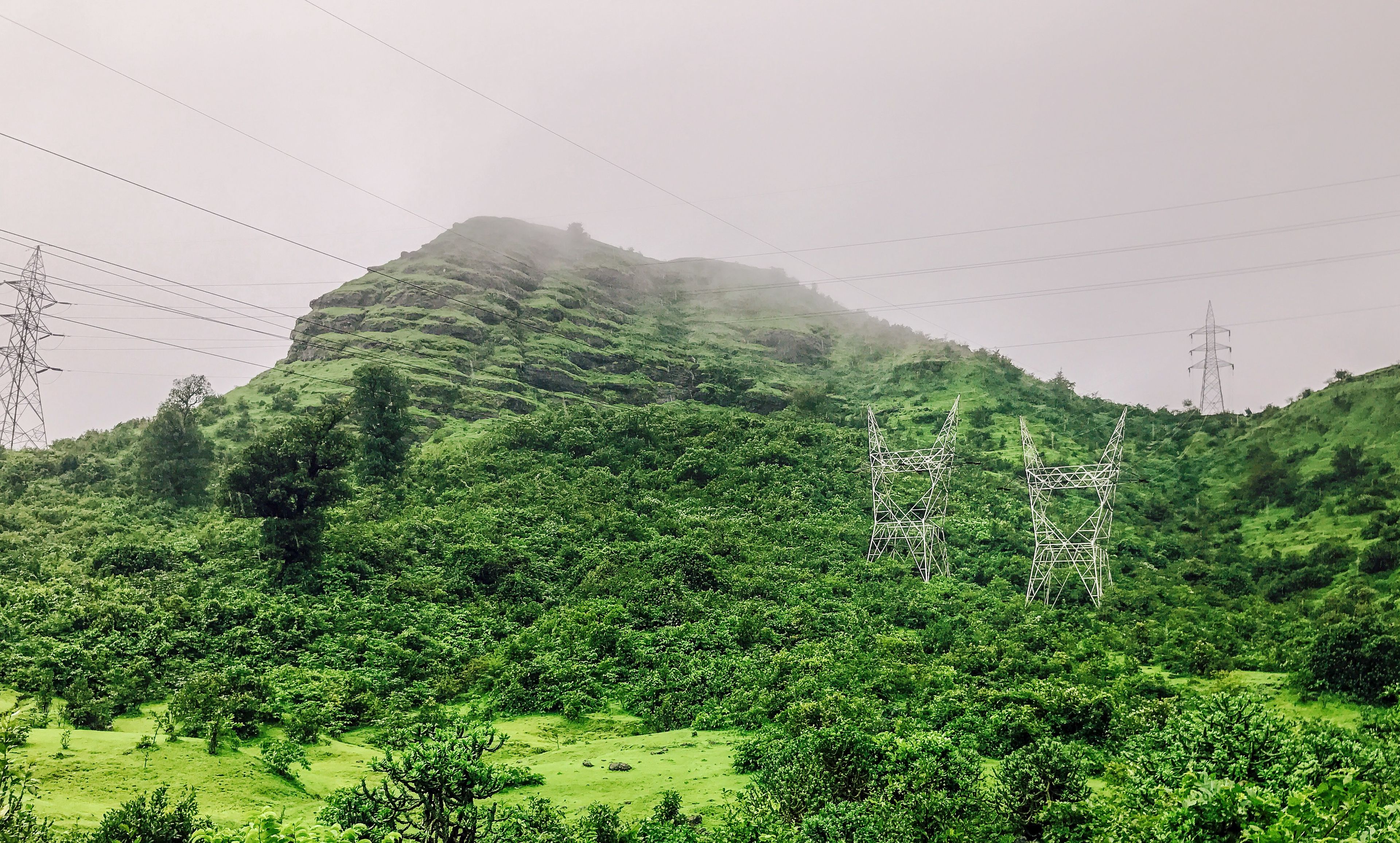A lush green landscape with a mountain in the background and power lines in the foreground.