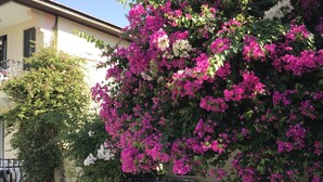 A building with a balcony, surrounded by lush greenery and vibrant pink bougainvillea flowers. - Gorkem Apart Hotel (Fethiye)