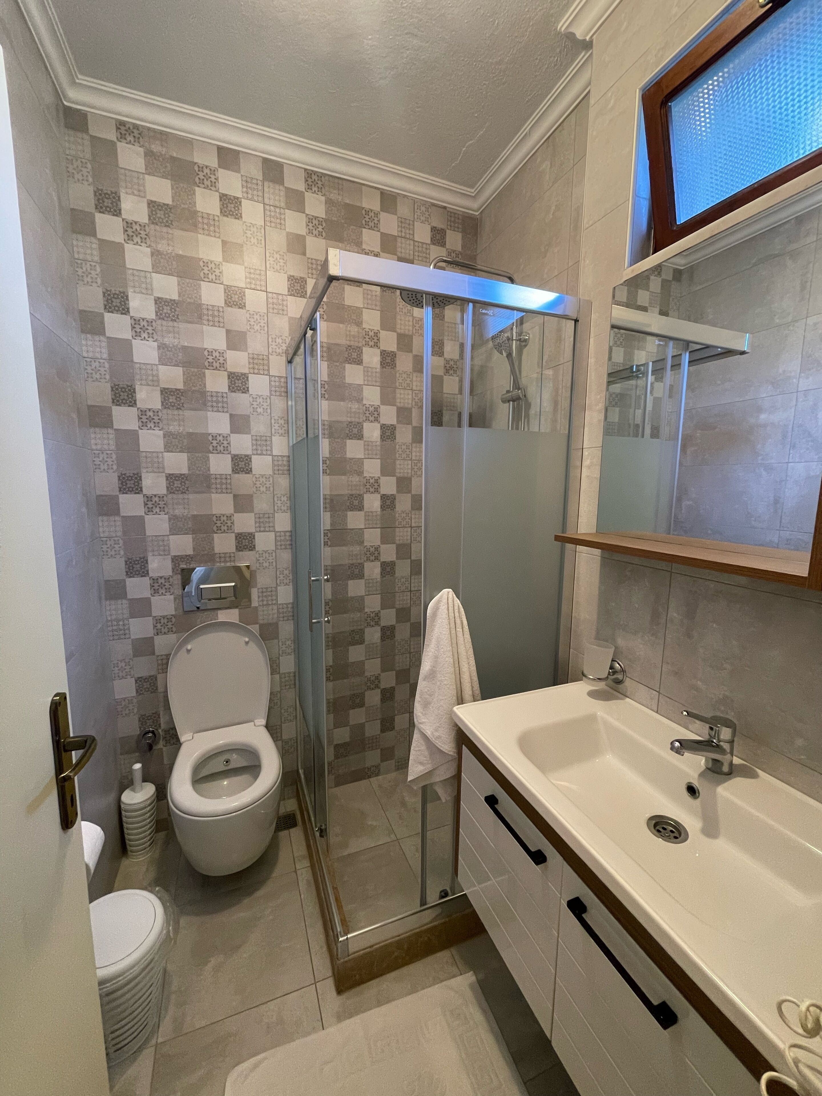 A bathroom with a toilet, a sink, and a shower.