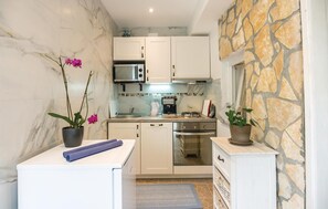 Fridge, stovetop, dishwasher, coffee/tea maker