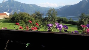 Vista de un paisaje montañoso con un lago, flores en primer plano y un edificio a la izquierda.