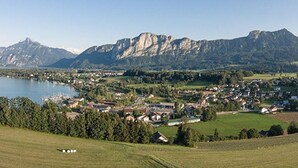 Un pueblo con un lago, montañas y casas.