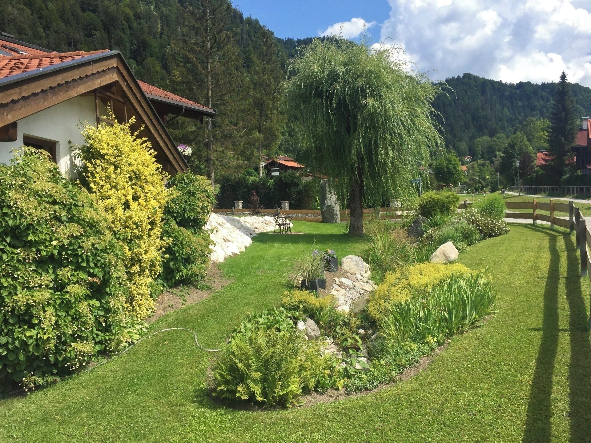 A well-maintained garden with a variety of plants and a wooden fence.