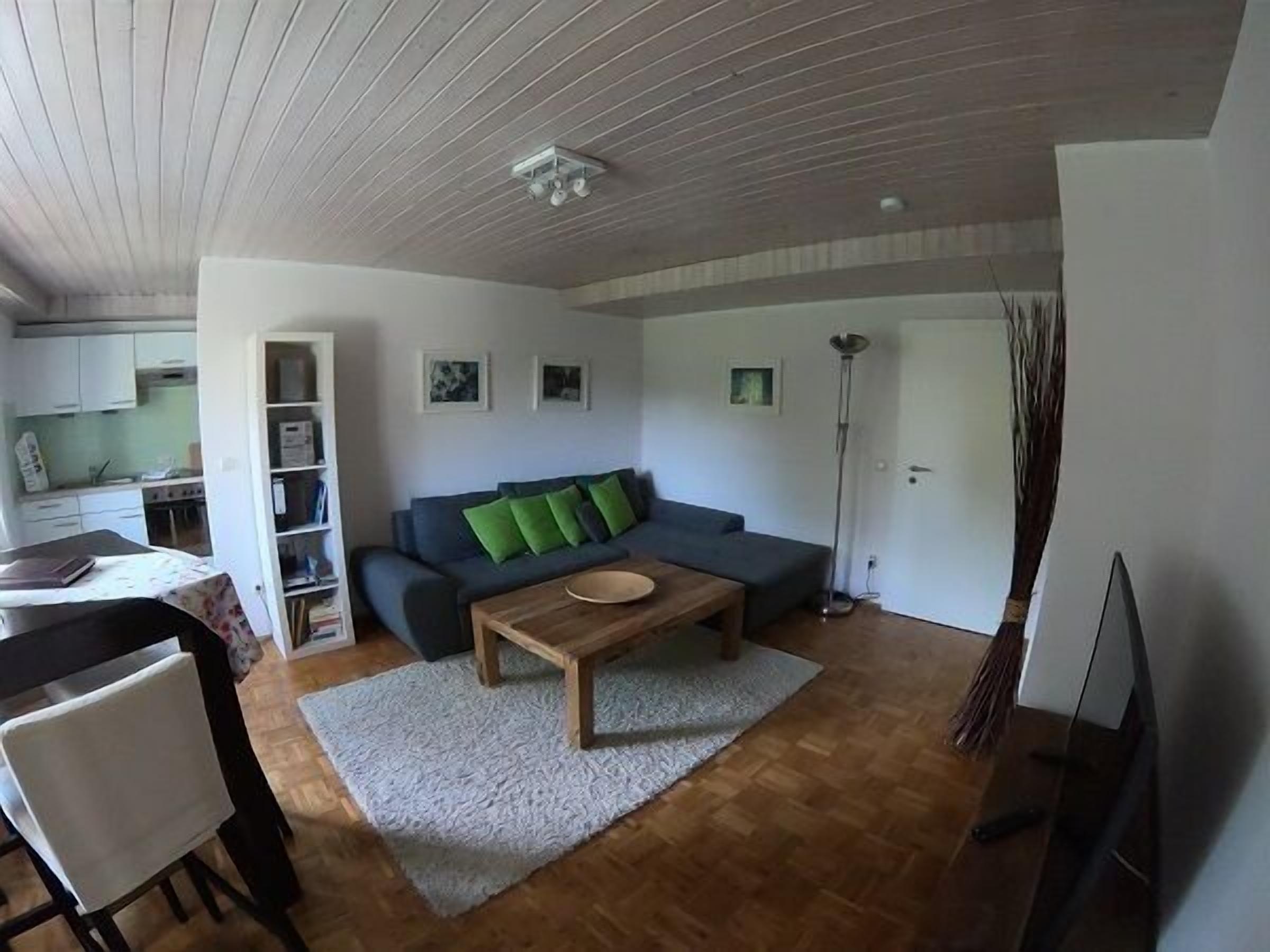 Een woonkamer met een bank, salontafel en een eethoek met een stoel en tafel.