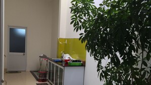 Un pasillo con una planta en maceta, un lavamanos, armarios y una puerta.