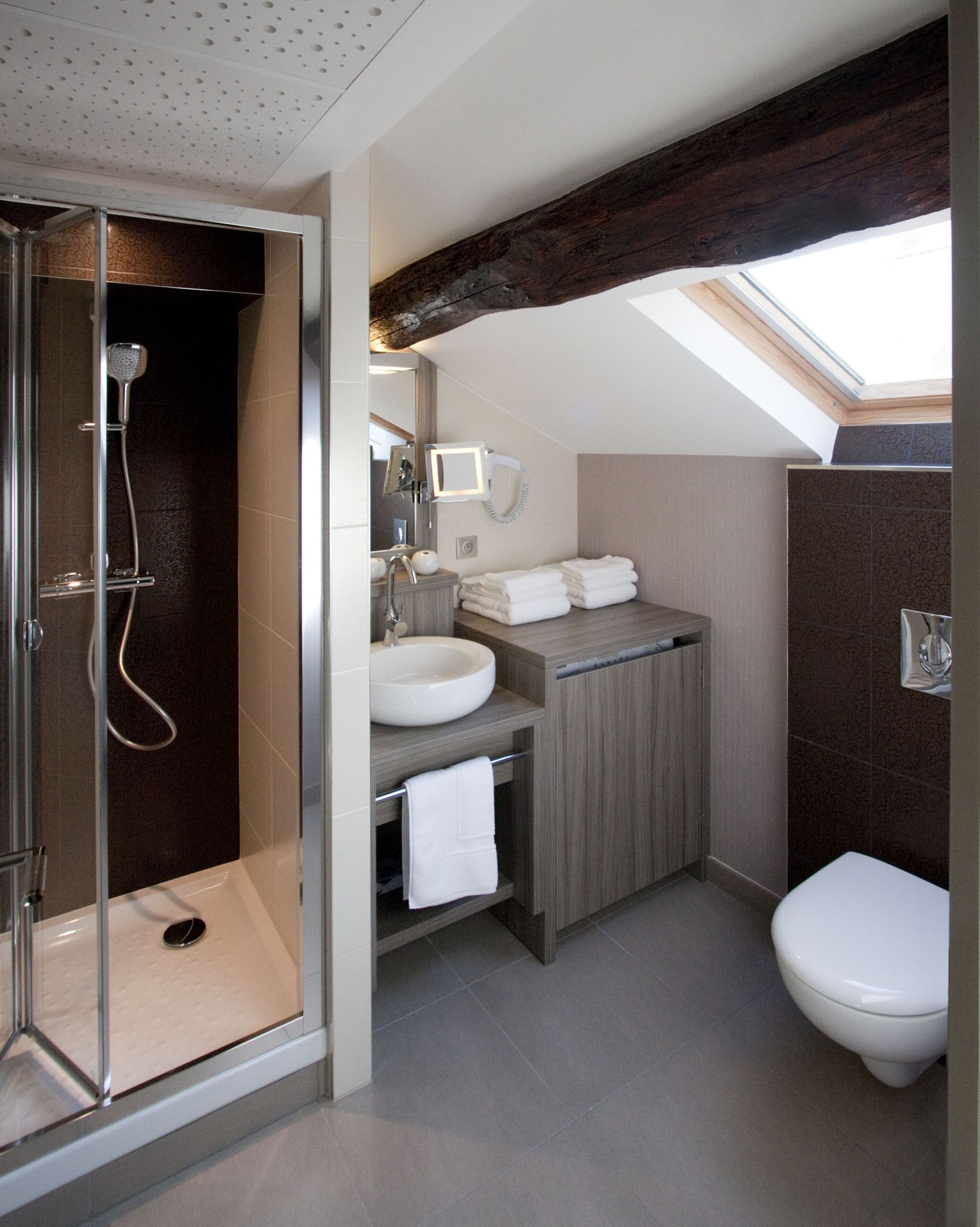 A modern bathroom with a glass-enclosed shower, a sink, and a toilet.