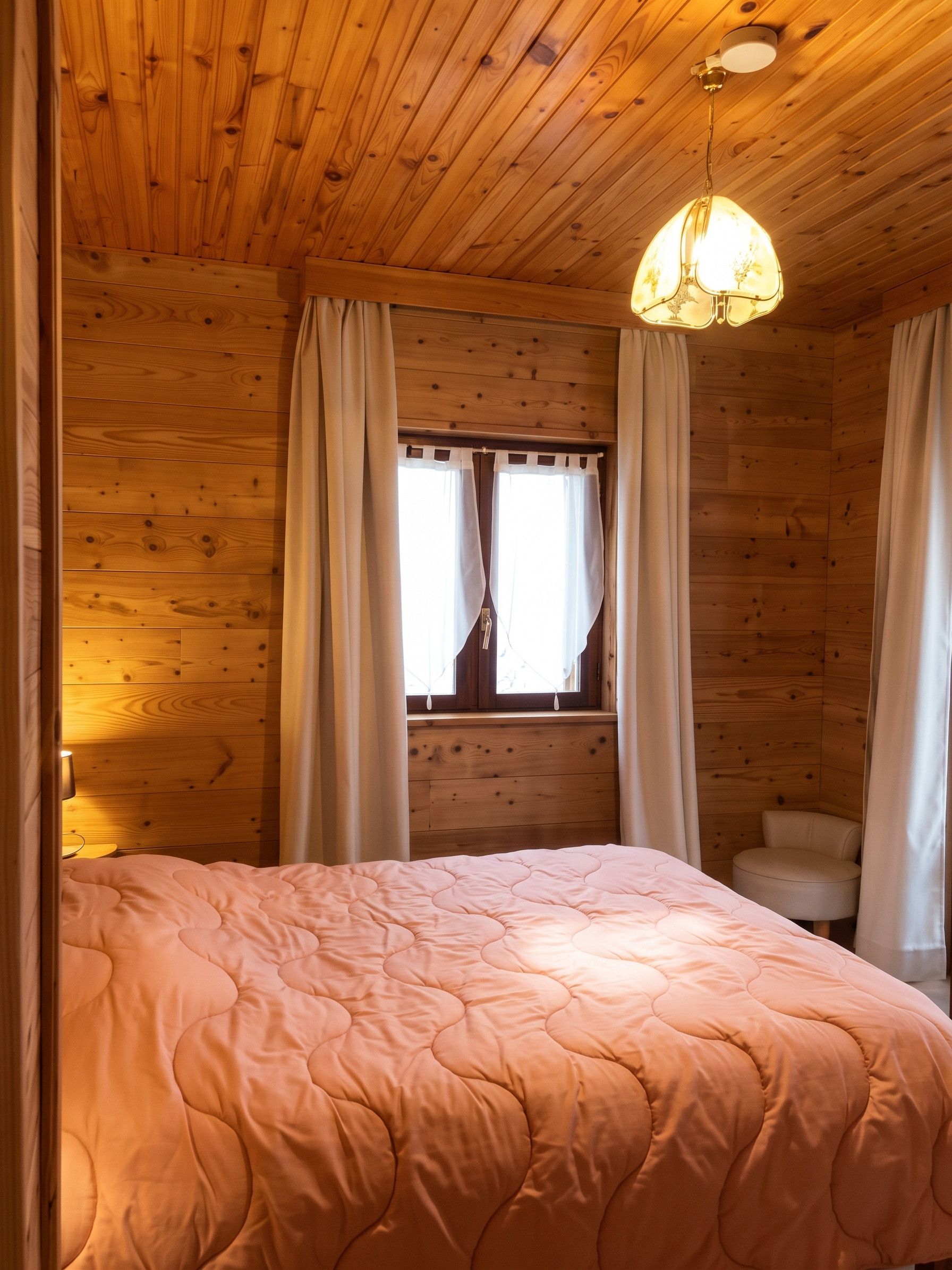 Une chambre dans une cabane en bois, avec un lit, des rideaux, une fenêtre et un luminaire suspendu.