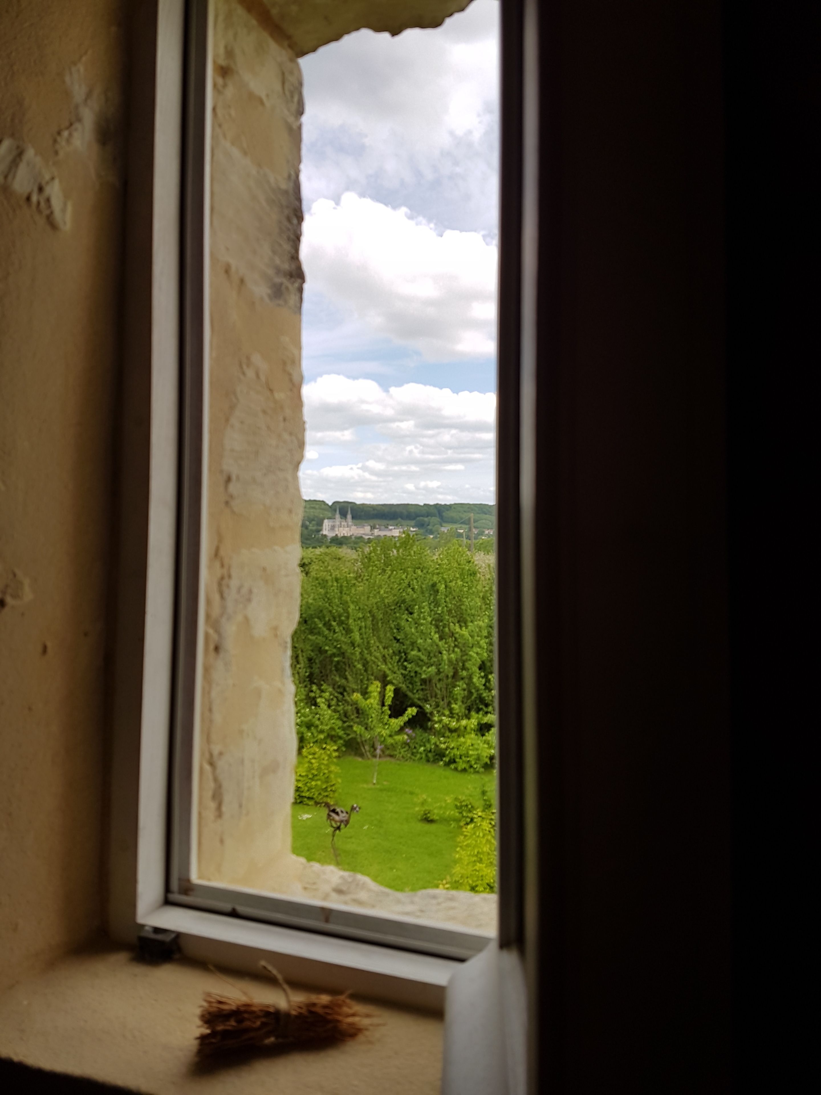 Una ventana con vistas a un paisaje verde y un edificio lejano.
