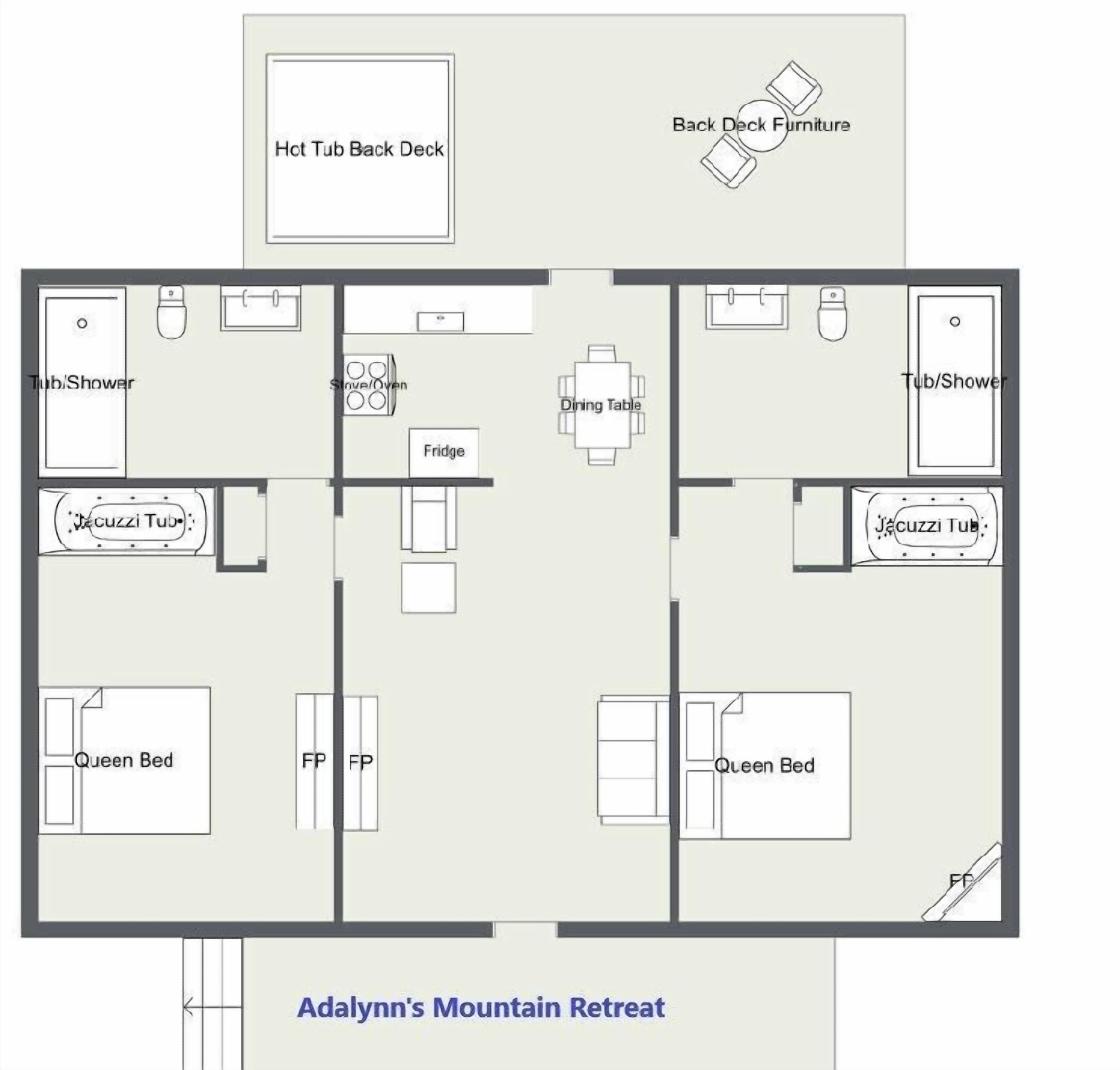 Grundriss von Adalynn's Mountain Retreat mit zwei Queensize-Betten, einem Esstisch, einem Kühlschrank, einer Spüle/einem Backofen, einem Whirlpool-Deck und einem Sitzbereich auf dem Hinterdeck.