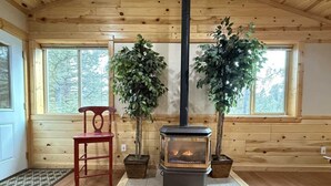 A wooden cabin interior with a wood-burning stove, two potted plants, and a red chair.